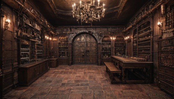 indoors,book,dutch angle,no humans,chair,table,scenery,wooden floor,stairs,door,bookshelf,tiles,light,lamp,candle,tile floor,shelf,library,ceiling,candlestand,ceiling light,chandelier,window,fantasy