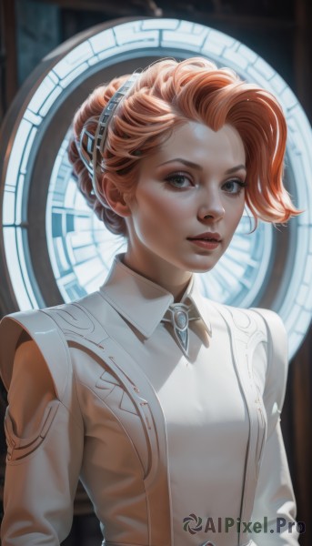 1girl,solo,breasts,looking at viewer,short hair,blue eyes,long sleeves,dress,green eyes,upper body,braid,red hair,small breasts,parted lips,artist name,hair bun,orange hair,lips,eyelashes,covered navel,makeup,freckles,realistic,nose,clock,red lips,jewelry,hairband,teeth,watermark,single hair bun,gem