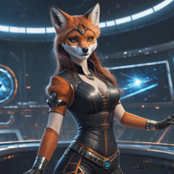 1girl,solo,long hair,breasts,looking at viewer,smile,brown hair,gloves,animal ears,cleavage,brown eyes,jewelry,medium breasts,closed mouth,standing,short sleeves,cowboy shot,black gloves,puffy sleeves,belt,pants,artist name,fingerless gloves,necklace,orange hair,puffy short sleeves,orange eyes,fox ears,fox tail,fox girl,gem,furry,pendant,colored sclera,science fiction,circlet,furry female,body fur,forehead jewel,animal nose,fox,snout,green gemstone,orange fur,orange skin,shorts,indoors,blurry,bracelet,mask,blurry background,ring,slit pupils