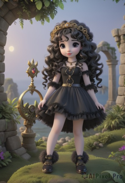 1girl,solo,long hair,looking at viewer,smile,skirt,black hair,dress,bare shoulders,jewelry,standing,full body,flower,boots,outdoors,detached sleeves,sky,shoes,choker,water,necklace,black eyes,black dress,lips,grey eyes,wavy hair,moon,grass,tiara,crown,plant,pendant,curly hair,skirt hold,sun,frills,black footwear,child,lolita fashion,gothic lolita,key,arch