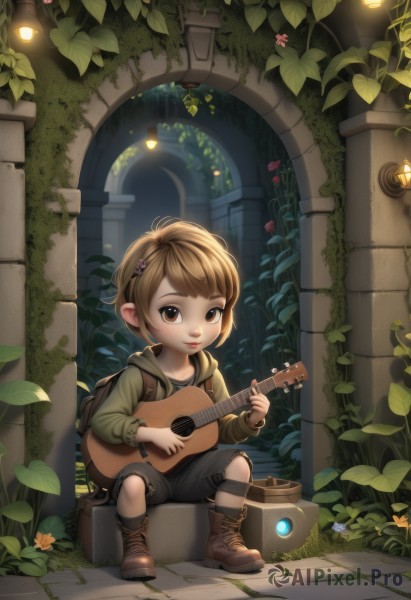 1girl,solo,looking at viewer,smile,short hair,bangs,brown hair,hair ornament,long sleeves,brown eyes,sitting,closed mouth,flower,boots,outdoors,shorts,socks,hairclip,hair flower,hood,bag,lips,hoodie,leaf,brown footwear,black shorts,backpack,hood down,grass,plant,instrument,child,cross-laced footwear,lantern,music,lace-up boots,guitar,male child,ruins,vines,playing instrument,pillar,overgrown,acoustic guitar,ivy,full body,pointy ears,stairs,arch,moss