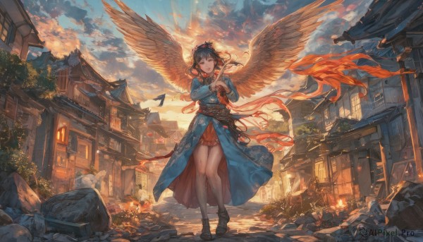 1girl,solo,long hair,smile,open mouth,bangs,skirt,black hair,hair ornament,long sleeves,dress,holding,standing,full body,closed eyes,boots,outdoors,wings,sky,shoes,socks,cloud,black footwear,tree,sash,kneehighs,bird,chinese clothes,cloudy sky,fire,building,instrument,scenery,feathered wings,hair rings,sunset,lantern,rock,music,architecture,house,east asian architecture,twilight,rooftop,looking at viewer,brown hair,brown eyes,jewelry,weapon,day,bare legs,floating hair,animal,sandals,sunlight,walking,statue