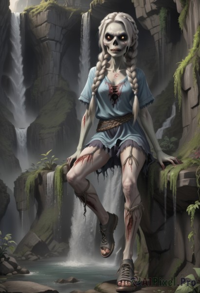 1girl,solo,long hair,breasts,looking at viewer,blonde hair,red eyes,dress,sitting,collarbone,full body,yellow eyes,braid,short sleeves,teeth,belt,water,twin braids,orange eyes,legs,torn clothes,blood,toes,blue dress,glowing,sandals,plant,pale skin,glowing eyes,hair over shoulder,toenails,skull,injury,blood on face,rock,fantasy,ruins,vines,blood on hands,waterfall,torn dress,cuts,moss,overgrown,jewelry,white hair,necklace,nail polish,mask,fangs,toenail polish