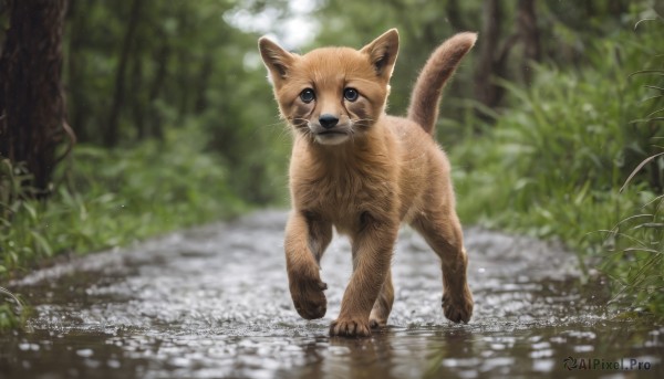 solo,looking at viewer,standing,full body,outdoors,day,artist name,signature,blurry,black eyes,tree,no humans,depth of field,blurry background,animal,cat,grass,plant,nature,forest,reflection,realistic,animal focus,whiskers,puddle,water,walking