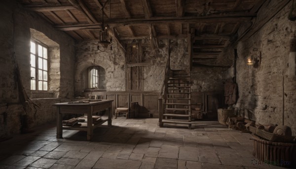 day,indoors,book,no humans,window,chair,table,sunlight,scenery,lantern,wooden floor,stairs,door,bookshelf,tiles,lamp,candle,wall,tile floor,ruins,shelf,ceiling,ladder,barrel,crate,plant,chandelier,treasure chest,fireplace