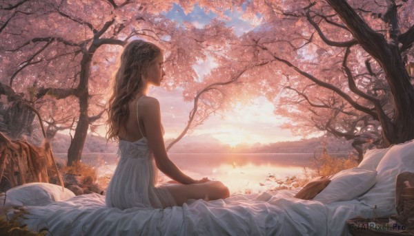 1girl,solo,long hair,brown hair,dress,bare shoulders,sitting,closed eyes,outdoors,sky,sleeveless,cloud,water,from behind,white dress,tree,pillow,bare arms,bed,profile,bed sheet,bird,on bed,sunlight,cherry blossoms,scenery,sunset,sun,lake,braid,day,cup,petals,mountain,realistic,river,landscape