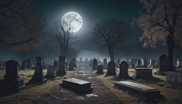 outdoors,sky,cloud,tree,no humans,night,moon,grass,cross,building,night sky,scenery,full moon,bare tree,tombstone,graveyard,grave,dark,moonlight,coffin