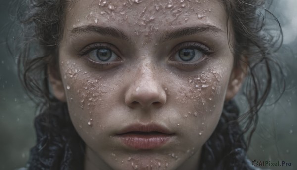 1girl,solo,looking at viewer,brown hair,black hair,closed mouth,parted lips,blurry,lips,wet,grey eyes,eyelashes,blurry background,portrait,close-up,rain,water drop,realistic,nose,wet hair,long hair,freckles