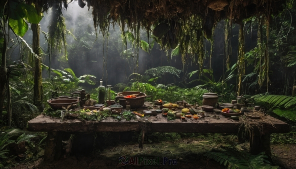 outdoors,food,sky,day,cloud,tree,no humans,leaf,table,sunlight,grass,plant,nature,scenery,forest,light rays,mushroom,meat,moss,overgrown,log,wood,bottle,plate,bowl,sunbeam,ruins