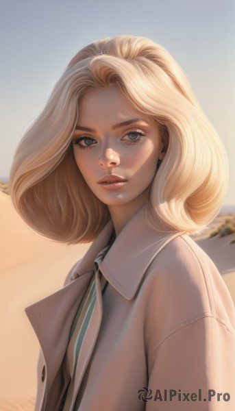 1girl,solo,looking at viewer,short hair,blonde hair,shirt,brown eyes,jacket,white shirt,upper body,outdoors,parted lips,open clothes,necktie,sky,day,striped,collared shirt,artist name,medium hair,blurry,lips,coat,grey eyes,eyelashes,realistic,nose,blue eyes,teeth,makeup,blurry background,backlighting,sunset,white coat