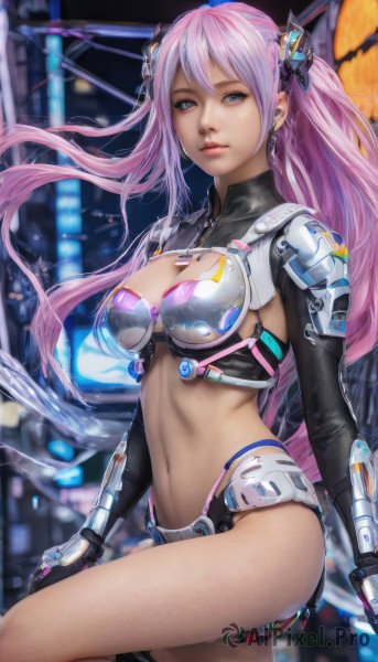 1girl,solo,long hair,breasts,looking at viewer,bangs,blue eyes,hair ornament,gloves,navel,cleavage,twintails,jewelry,medium breasts,underwear,pink hair,earrings,parted lips,black gloves,midriff,fingerless gloves,stomach,nail polish,armor,blurry,lips,makeup,blurry background,headgear,leg up,science fiction,realistic,bikini armor