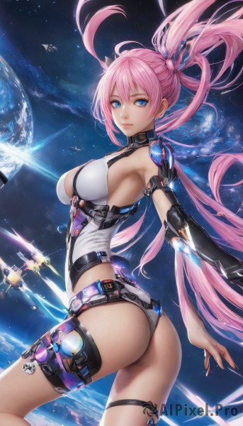 1girl,solo,long hair,breasts,looking at viewer,smile,bangs,blue eyes,large breasts,hair ornament,gloves,cleavage,hair between eyes,bare shoulders,twintails,medium breasts,very long hair,closed mouth,pink hair,ass,detached sleeves,sky,elbow gloves,looking back,leotard,lips,sideboob,thigh strap,floating hair,star (sky),science fiction,white leotard,space,planet,twisted torso,single elbow glove,earth (planet),cyborg