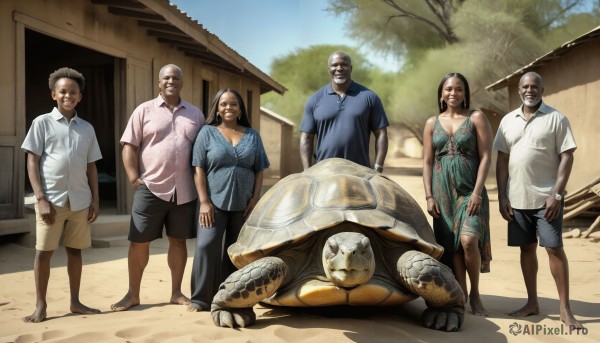 HQ,1girl,smile,brown hair,shirt,black hair,dress,outdoors,multiple boys,shorts,barefoot,day,tree,facial hair,animal,3boys,beard,6+boys,4boys,realistic,mustache,5boys,bald,old,old man,turtle,standing,white shirt,sky,collared shirt,shadow,parody,blue shirt,t-shirt,watch,hand in pocket,snake,hands in pockets,fat,fat man,oversized animal,polo shirt,dinosaur