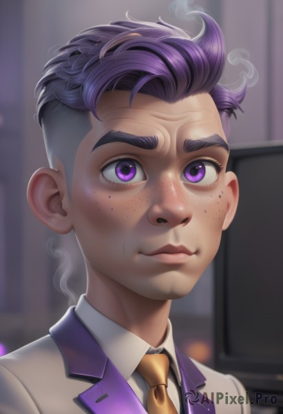 solo,looking at viewer,smile,short hair,bangs,shirt,1boy,closed mouth,purple eyes,jacket,white shirt,upper body,purple hair,grey hair,male focus,multicolored hair,necktie,collared shirt,artist name,indoors,blurry,vest,two-tone hair,lips,blurry background,formal,thick eyebrows,suit,portrait,freckles,undercut,scar,grey jacket,purple jacket,very short hair,brown necktie