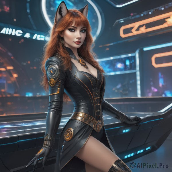 1girl,solo,long hair,breasts,looking at viewer,bangs,blue eyes,brown hair,thighhighs,gloves,animal ears,cleavage,jewelry,medium breasts,standing,cowboy shot,earrings,boots,parted lips,black gloves,belt,artist name,cat ears,necklace,orange hair,mole,blurry,leotard,lips,bodysuit,makeup,night,blurry background,thigh boots,lipstick,ground vehicle,motor vehicle,science fiction,red lips,car,eyeliner,red hair,black thighhighs,grey eyes,fox ears,black leotard,realistic