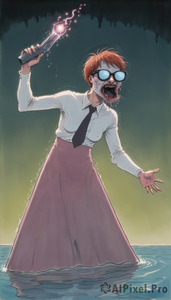 1girl,solo,breasts,short hair,open mouth,skirt,brown hair,shirt,long sleeves,holding,standing,white shirt,weapon,red hair,necktie,glasses,teeth,tongue,collared shirt,tongue out,water,holding weapon,orange hair,wet,gun,saliva,blood,trembling,sharp teeth,genderswap,holding gun,black necktie,genderswap (mtf),handgun,wading,pink skirt,freckles,high-waist skirt,long skirt,round eyewear,opaque glasses,ocean,scared