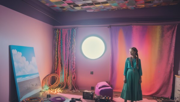 1girl,solo,long hair,skirt,brown hair,black hair,long sleeves,dress,standing,braid,sky,day,cloud,indoors,dark skin,bag,twin braids,blue sky,window,blue dress,shadow,ocean,beach,curtains,scenery,green dress,mirror,carpet,aqua dress,bed,moon,sun,bedroom