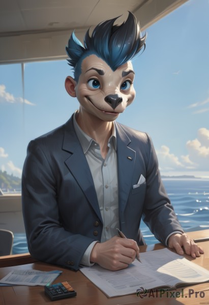 solo,smile,short hair,blue eyes,shirt,black hair,long sleeves,1boy,holding,animal ears,sitting,closed mouth,school uniform,blue hair,jacket,white shirt,upper body,male focus,open clothes,sky,day,collared shirt,artist name,cloud,indoors,water,open jacket,blue sky,black jacket,buttons,bird,ocean,thick eyebrows,blue jacket,furry,desk,paper,pen,furry male,pencil,holding pen,writing,eraser,looking at viewer,dress shirt,formal,table,suit,spiked hair,mohawk