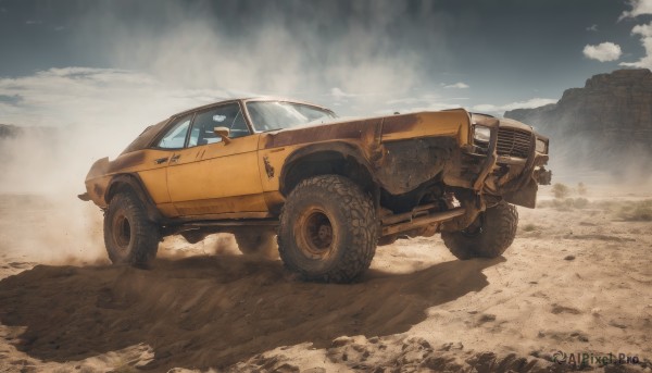 outdoors,sky,day,cloud,no humans,cloudy sky,ground vehicle,motor vehicle,smoke,sand,car,vehicle focus,desert,driving,dust,wheel,truck,dust cloud,tire,solo,blue sky,shadow,scenery