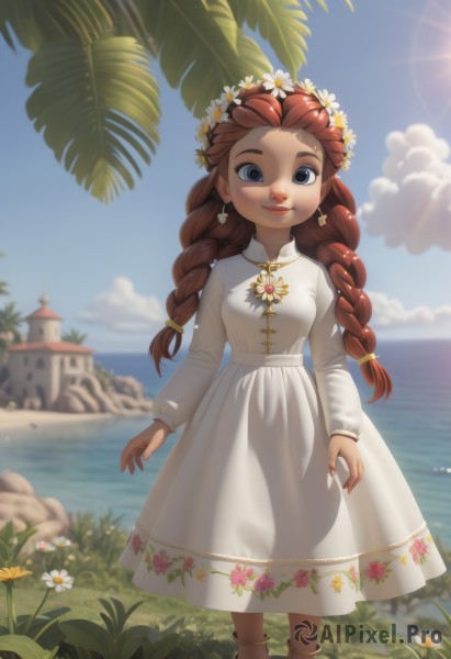 1girl,solo,long hair,breasts,looking at viewer,smile,blue eyes,brown hair,hair ornament,long sleeves,dress,jewelry,closed mouth,standing,braid,flower,red hair,earrings,boots,outdoors,sky,day,artist name,cloud,hair flower,water,necklace,white dress,blurry,twin braids,tree,blue sky,lips,see-through,depth of field,blurry background,ocean,watermark,beach,floral print,sunlight,grass,plant,white flower,child,forehead,freckles,yellow flower,palm tree,sun,horizon,head wreath,castle,small breasts,feet out of frame,sand,anklet,long dress,arms at sides,windmill