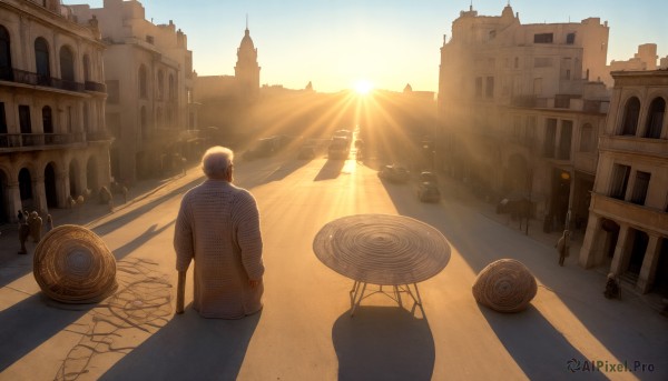 HQ,1boy,male focus,outdoors,multiple boys,sky,day,from behind,shadow,sunlight,ground vehicle,building,scenery,motor vehicle,6+boys,sunset,light rays,city,sun,car,light,road,street,statue,desert,bald,sunrise