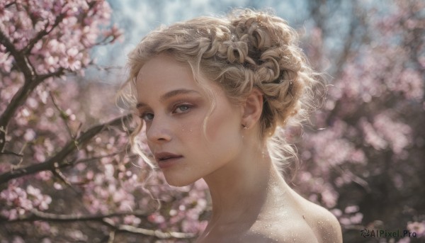 1girl,solo,looking at viewer,short hair,blue eyes,blonde hair,jewelry,braid,flower,earrings,outdoors,parted lips,mole,blurry,tree,lips,grey eyes,blurry background,cherry blossoms,portrait,freckles,realistic,nose,mole on cheek,bare shoulders,day,looking back,from side,eyelashes,depth of field,sunlight,curly hair,branch