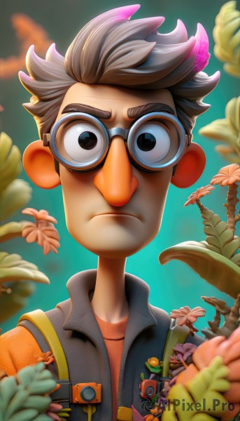 solo,looking at viewer,short hair,brown hair,shirt,1boy,closed mouth,jacket,upper body,flower,grey hair,male focus,horns,glasses,blurry,black eyes,vest,blurry background,frown,leaf,thick eyebrows,plant,spiked hair,goggles,male child,badge,button badge,brown eyes,multicolored hair,collared shirt,artist name,two-tone hair,depth of field,watermark,pink flower,zipper,serious,orange shirt