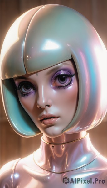 1girl,solo,looking at viewer,short hair,bangs,jewelry,blue hair,collarbone,multicolored hair,parted lips,choker,shiny,blunt bangs,lips,eyelashes,makeup,bob cut,portrait,eyeshadow,mascara,purple eyes,upper body,white hair,lipstick,science fiction,realistic,nose,android,eyeliner,alien