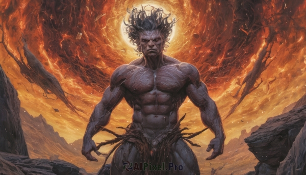 solo,looking at viewer,black hair,1boy,navel,closed mouth,standing,male focus,cowboy shot,outdoors,teeth,muscular,glowing,colored skin,facial hair,abs,fire,pectorals,muscular male,glowing eyes,veins,topless male,rock,manly,loincloth,debris,burning,molten rock,short hair,jewelry,earrings,artist name,torn clothes,floating hair,floating,fantasy,veiny arms