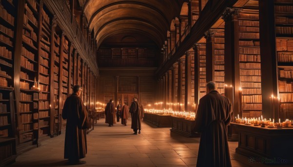 long sleeves,hat,holding,standing,multiple boys,indoors,book,scenery,cloak,6+boys,robe,bookshelf,candle,library,candlestand,black robe,chandelier,male focus,from behind,5boys