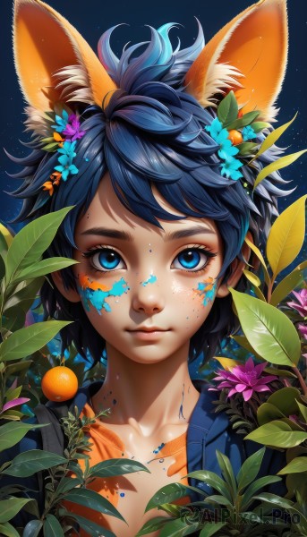 1girl,solo,looking at viewer,short hair,bangs,blue eyes,black hair,hair ornament,animal ears,closed mouth,blue hair,collarbone,upper body,flower,open clothes,artist name,hair flower,lips,fox ears,eyelashes,fruit,swept bangs,leaf,plant,portrait,star (sky),freckles,blue flower,nose,facepaint,paint splatter,paint splatter on face,shirt,messy hair,dirty,dirty face