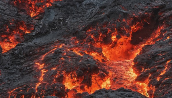 cape, no humans, fire, scenery, rock, cave, burning, molten rock