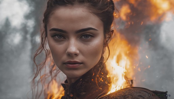 1girl,solo,long hair,looking at viewer,brown hair,black hair,closed mouth,armor,blurry,black eyes,lips,grey eyes,blurry background,fire,portrait,forehead,freckles,realistic,nose,burning,outdoors,eyelashes,close-up,smoke