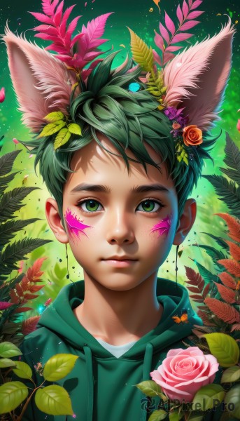 solo,looking at viewer,short hair,hair ornament,1boy,animal ears,closed mouth,green eyes,upper body,flower,male focus,green hair,artist name,hair flower,hood,lips,animal ear fluff,petals,fox ears,eyelashes,hoodie,rose,leaf,watermark,facial mark,hood down,plant,red flower,portrait,web address,extra ears,pink flower,freckles,green background,red rose,realistic,nose,facepaint,pink rose,green theme,orange flower,green hoodie,jewelry,drawstring