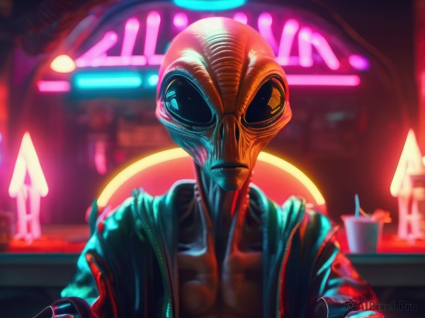 solo,looking at viewer,1boy,collarbone,jacket,upper body,male focus,open clothes,signature,hood,blurry,open jacket,cup,mask,blurry background,science fiction,drinking straw,realistic,alien,bar (place),cyberpunk,neon lights,bodysuit,depth of field,facing viewer,disposable cup,superhero