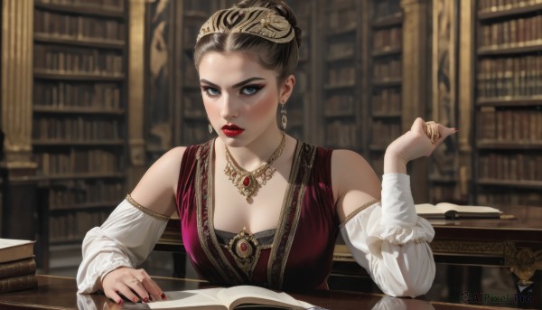 1girl,solo,breasts,looking at viewer,blue eyes,brown hair,black hair,hair ornament,long sleeves,dress,cleavage,bare shoulders,jewelry,medium breasts,sitting,upper body,braid,earrings,parted lips,detached sleeves,indoors,necklace,hair bun,nail polish,blurry,lips,book,makeup,depth of field,blurry background,red dress,table,single hair bun,ring,tiara,lipstick,gem,red nails,eyeshadow,gold trim,open book,realistic,bookshelf,red lips,book stack,library,gold