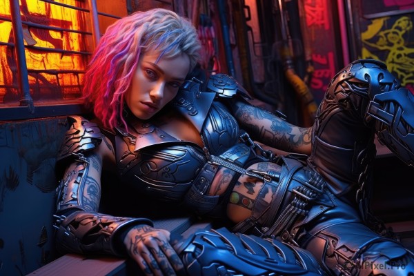 1girl,solo,breasts,looking at viewer,short hair,blue eyes,large breasts,gloves,holding,cleavage,jewelry,medium breasts,jacket,weapon,pink hair,white hair,red hair,multicolored hair,lying,belt,dark skin,armor,two-tone hair,official alternate costume,dark-skinned female,lips,gun,bodysuit,tattoo,gradient hair,on side,helmet,headwear removed,realistic,helmet removed,cyberpunk,blue hair,midriff,on back,makeup,zipper,arm tattoo