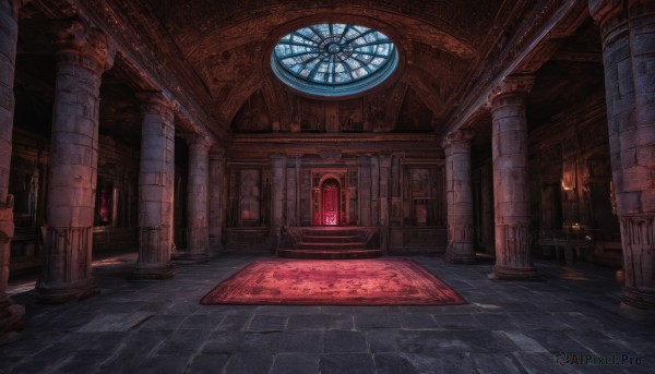 indoors,dutch angle,no humans,window,night,scenery,stairs,fantasy,door,light,architecture,pillar,hallway,carpet,church,arch,column,stone floor,fire,candle,tile floor,statue,stained glass,torch,candlestand,brick floor