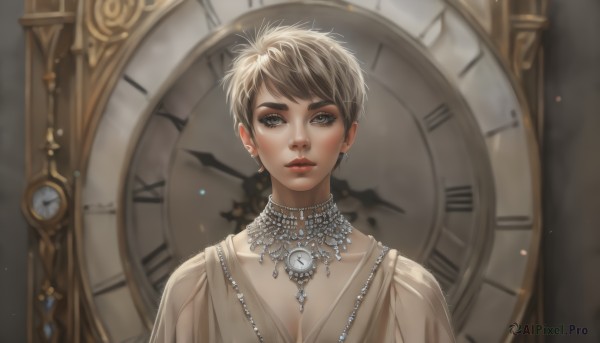 1girl,solo,looking at viewer,short hair,bangs,blonde hair,brown hair,1boy,brown eyes,jewelry,closed mouth,collarbone,upper body,male focus,earrings,artist name,necklace,blurry,lips,grey eyes,eyelashes,makeup,expressionless,thick eyebrows,gem,portrait,androgynous,watch,realistic,nose,clock,red lips,very short hair,roman numeral,breasts,dress,cleavage,grey background,white dress,gradient,gradient background,no humans,lipstick,black background,light particles