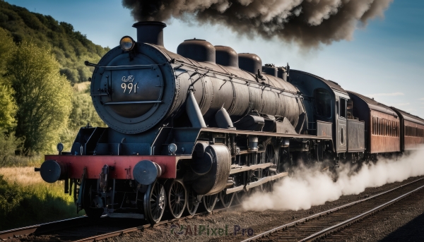 outdoors,sky,day,cloud,tree,military,no humans,ground vehicle,motor vehicle,smoke,emblem,military vehicle,tank,vehicle focus,train,caterpillar tracks,world war ii,railroad tracks,weapon,blue sky,grass,nature,cannon,damaged,machine gun