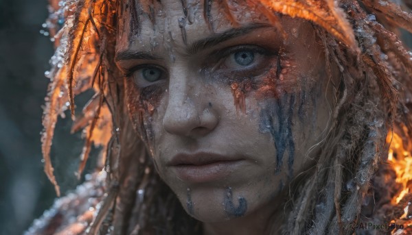 1girl,solo,long hair,looking at viewer,blue eyes,brown hair,closed mouth,water,blurry,lips,grey eyes,depth of field,blurry background,portrait,close-up,realistic,nose,orange hair,eyelashes,fire,freckles