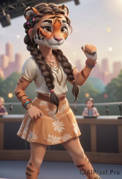 1girl,solo,long hair,smile,open mouth,skirt,brown hair,shirt,hair ornament,animal ears,brown eyes,jewelry,standing,tail,white shirt,braid,short sleeves,outdoors,teeth,solo focus,day,hairclip,belt,artist name,hand up,signature,necklace,blurry,twin braids,flat chest,bracelet,dark-skinned female,depth of field,blurry background,watermark,facial mark,animal print,clenched hand,child,hair over shoulder,furry,animal hands,city,anklet,furry female,female child,whisker markings,tiger ears,body fur,orange skirt,animal nose,bokeh,whiskers,tiger girl,breasts,blush,black hair,1boy,twintails,closed mouth,collarbone,flower,small breasts,sky,miniskirt,tree,feet out of frame,fangs,floral print,sunlight,forehead,sunset,brown skirt,bangle,yellow skirt,tiger tail,print skirt,people