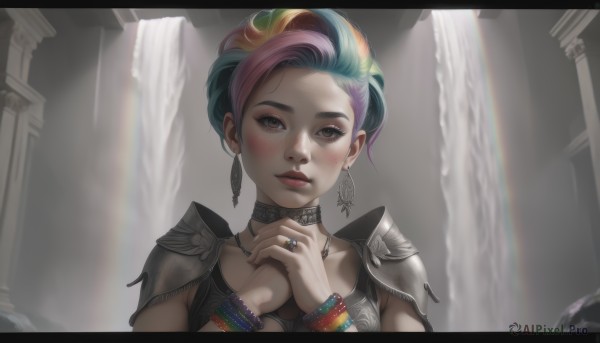 1girl,solo,looking at viewer,blush,short hair,blonde hair,brown eyes,jewelry,blue hair,upper body,pink hair,purple hair,multicolored hair,earrings,green hair,choker,artist name,water,nail polish,armor,bracelet,two-tone hair,lips,streaked hair,makeup,black choker,ring,own hands together,shoulder armor,black nails,eyeshadow,freckles,pauldrons,nose,shoulder pads,rainbow,waterfall,rainbow hair,mole,letterboxed,realistic