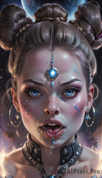 1girl,solo,looking at viewer,open mouth,blue eyes,blonde hair,hair ornament,bare shoulders,jewelry,collarbone,braid,earrings,teeth,choker,tongue,shiny,artist name,tongue out,necklace,hair bun,star (symbol),collar,lips,eyelashes,saliva,double bun,makeup,glowing,facial mark,piercing,moon,lipstick,gem,portrait,star (sky),close-up,forehead,eyeshadow,freckles,hoop earrings,crystal,realistic,nose,eyeliner,space,forehead jewel,planet,mascara,brown hair,forehead mark,tongue piercing,nose piercing,eyebrow piercing