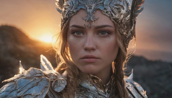 1girl,solo,long hair,looking at viewer,brown hair,brown eyes,closed mouth,braid,outdoors,sky,artist name,armor,blurry,twin braids,lips,depth of field,blurry background,sunlight,helmet,feathers,shoulder armor,portrait,close-up,backlighting,freckles,pauldrons,sunset,mountain,realistic,nose,valkyrie,blonde hair,parted lips,sun,sunrise