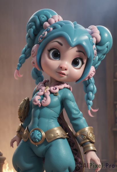 1girl,solo,long hair,breasts,looking at viewer,blue eyes,jewelry,closed mouth,blue hair,weapon,braid,cowboy shot,small breasts,belt,blurry,twin braids,flat chest,lips,double bun,bodysuit,blurry background,cameltoe,aged down,monster girl,child,tentacles,freckles,tentacle hair,female child,blue bodysuit,hair ornament,twintails,multicolored hair,parted lips,artist name,dark skin,necklace,covered navel,piercing,bracer