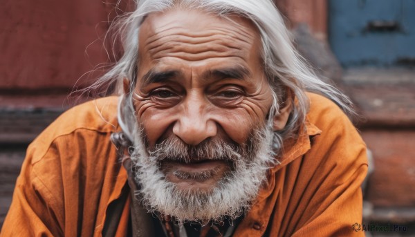 solo,looking at viewer,1boy,jacket,upper body,white hair,grey hair,male focus,blurry,black eyes,coat,blurry background,facial hair,portrait,beard,realistic,mustache,old,old man,wrinkled skin,shirt,closed mouth,lips,grey eyes,depth of field,scar,parody,messy hair,orange shirt,orange jacket