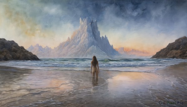 1girl,solo,long hair,black hair,standing,nude,outdoors,sky,cloud,water,from behind,completely nude,ocean,traditional media,beach,scenery,wading,reflection,mountain,sand,facing away,painting (medium),watercolor (medium),waves,brown hair,ass,cloudy sky,sunset,horizon,wide shot,lake