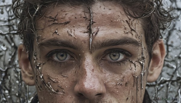 solo,looking at viewer,short hair,brown hair,black hair,1boy,brown eyes,male focus,outdoors,blurry,blurry background,portrait,close-up,reflection,realistic,grey eyes,thick eyebrows,branch,bare tree