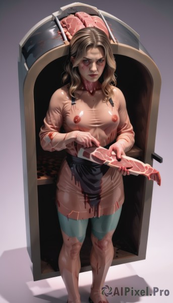 1girl,solo,long hair,breasts,looking at viewer,blue eyes,blonde hair,brown hair,thighhighs,holding,medium breasts,nipples,standing,full body,weapon,holding weapon,apron,high heels,covered nipples,lips,see-through,torn clothes,blood,shadow,chair,knife,blood on face,holding knife,blood on clothes,brown eyes,closed mouth,collarbone,bodysuit,scar,scar on face,axe,blood on weapon,cleaver